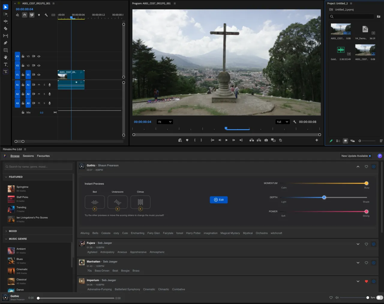Filmstro’s music library and Momentum, Depth and Power controls inside Adobe Premiere Pro.