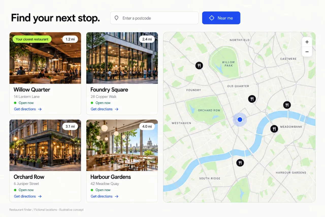 Illustrative restaurant finder with fictional locations, distances, opening statuses and a map.