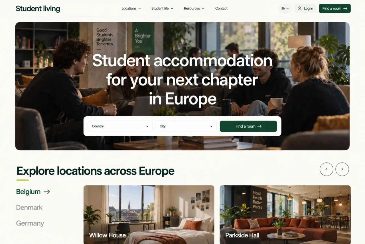 Anonymous student housing homepage concept with country and city search, a shared living space and fictional residence cards.