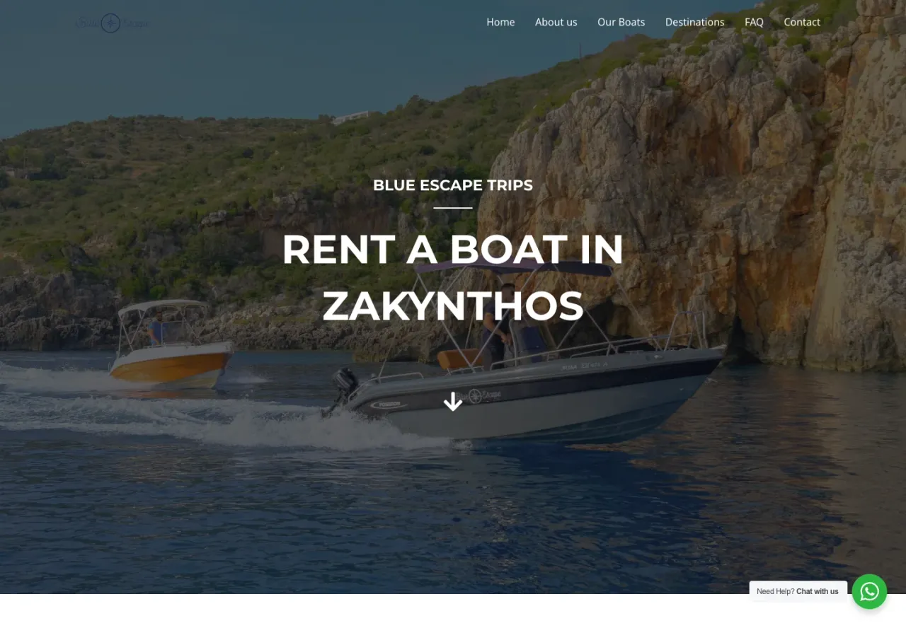 Blue Escape Trips homepage with boats against the Zakynthos coastline and a WhatsApp booking contact.