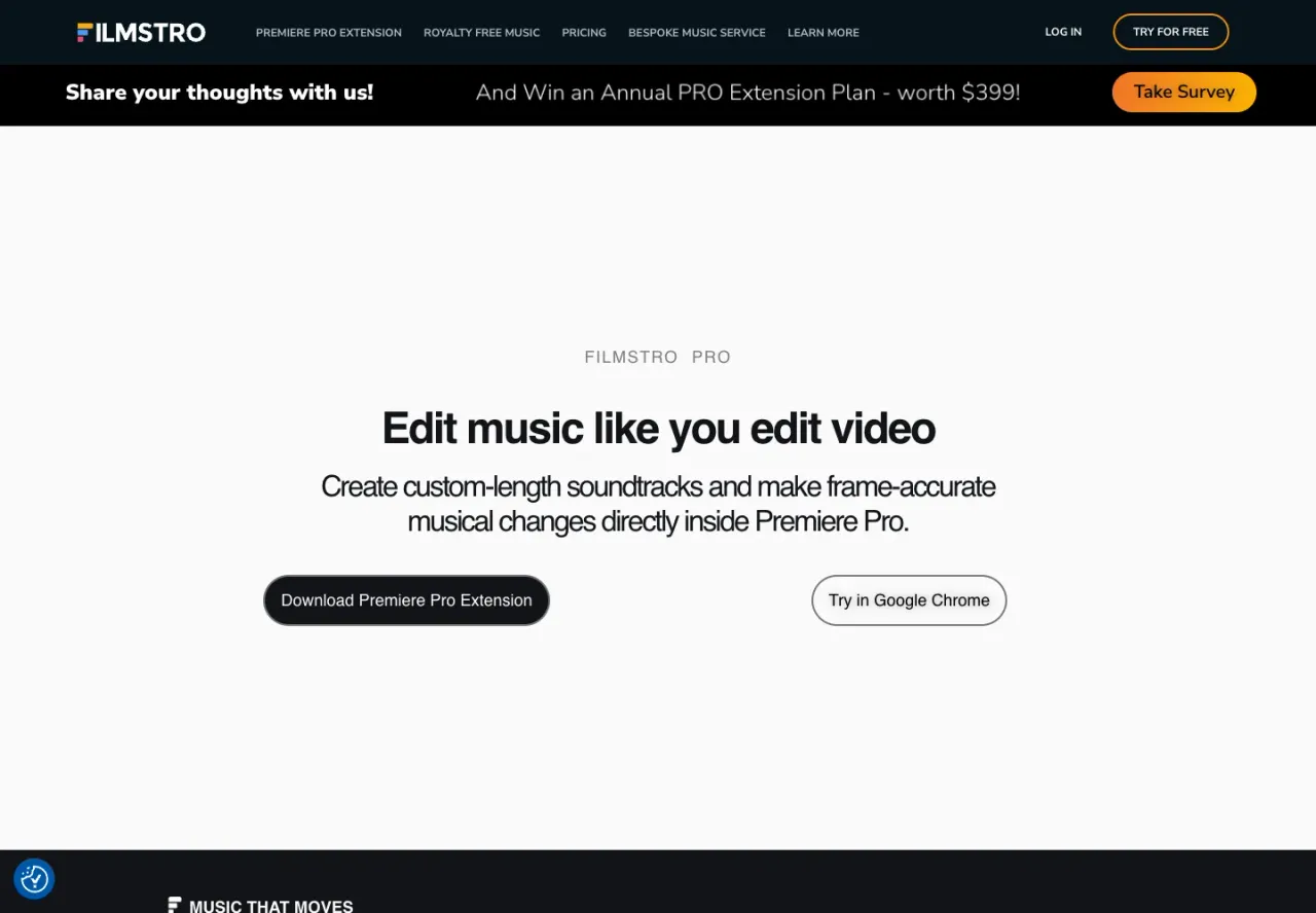 Filmstro’s website homepage introducing its music tools and routes to the browser app and Premiere Pro extension.