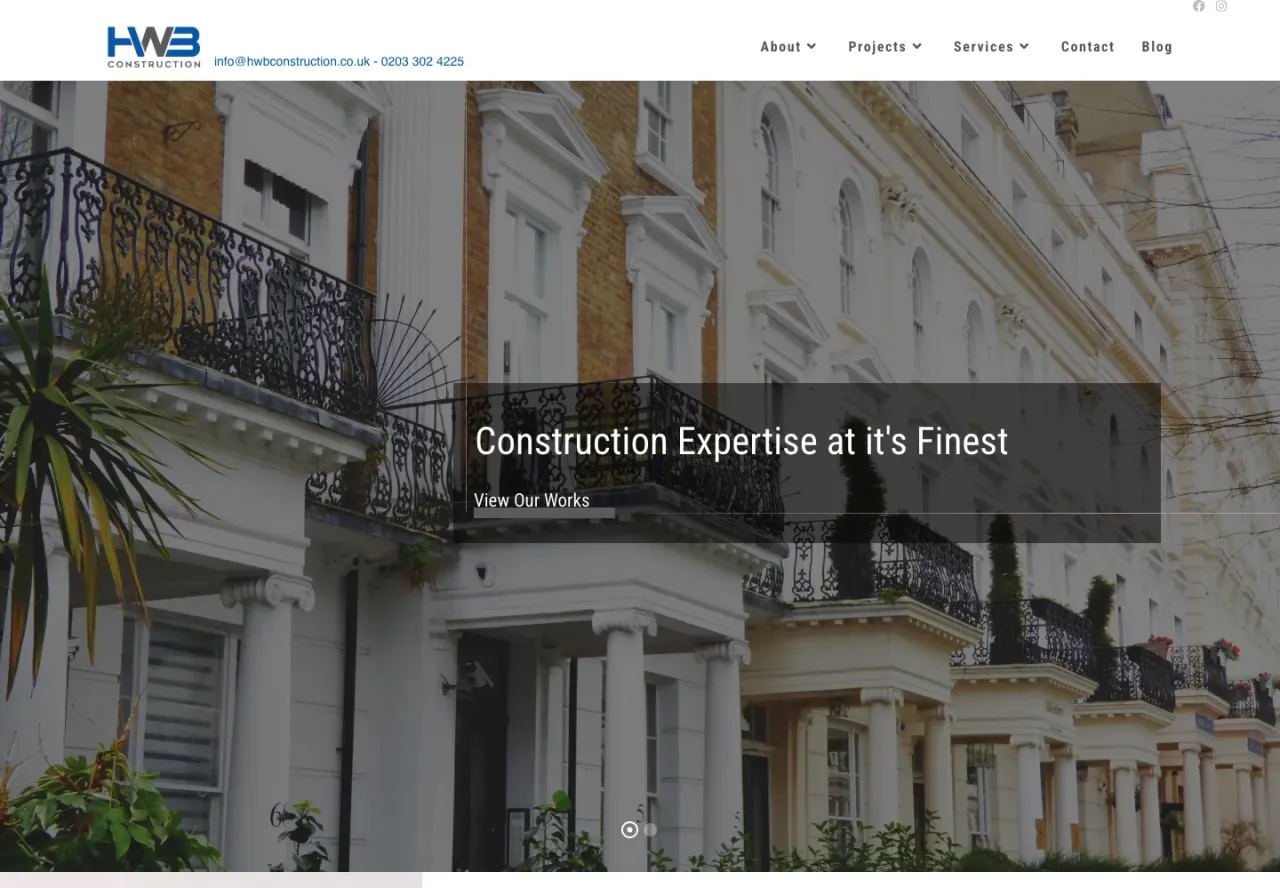 HWB Construction homepage featuring London architecture and a link to explore the company’s work.