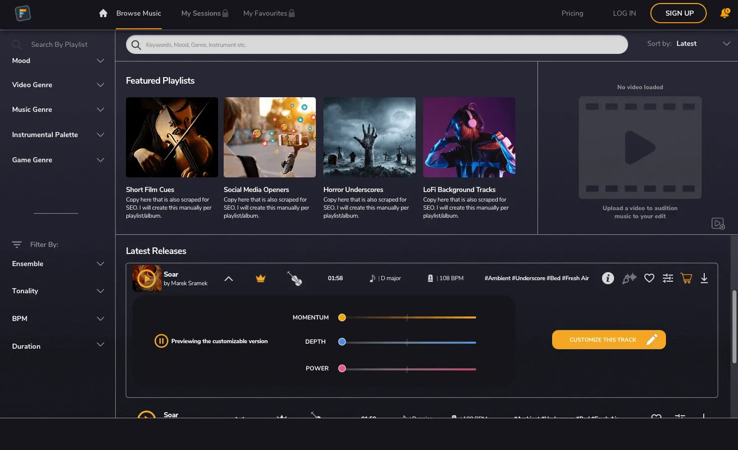 Filmstro’s related browser application showing its searchable music library.