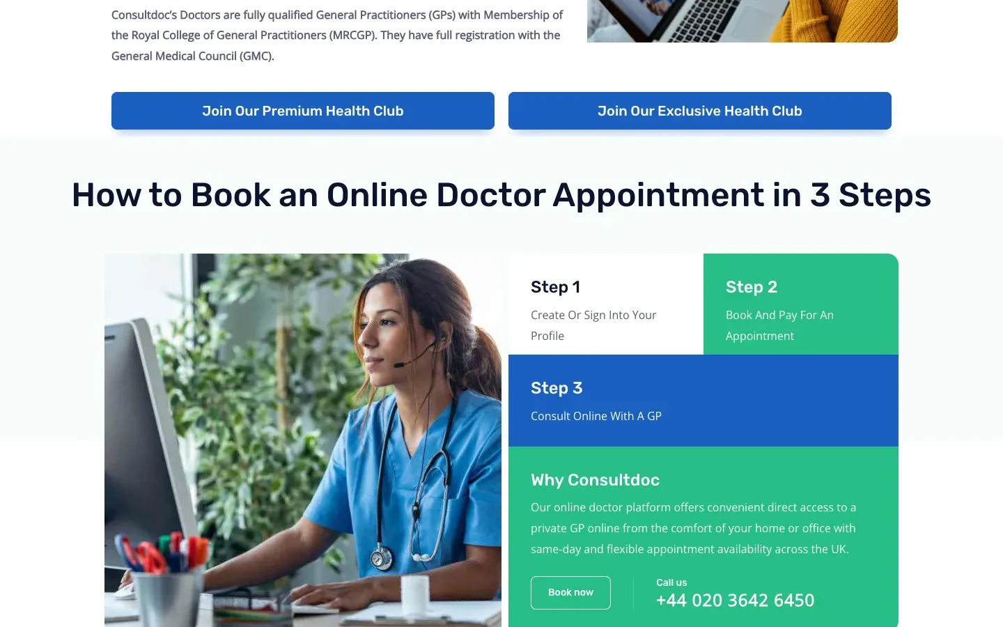 Consultdoc’s public appointment guidance explaining the steps from a patient profile to an online consultation.