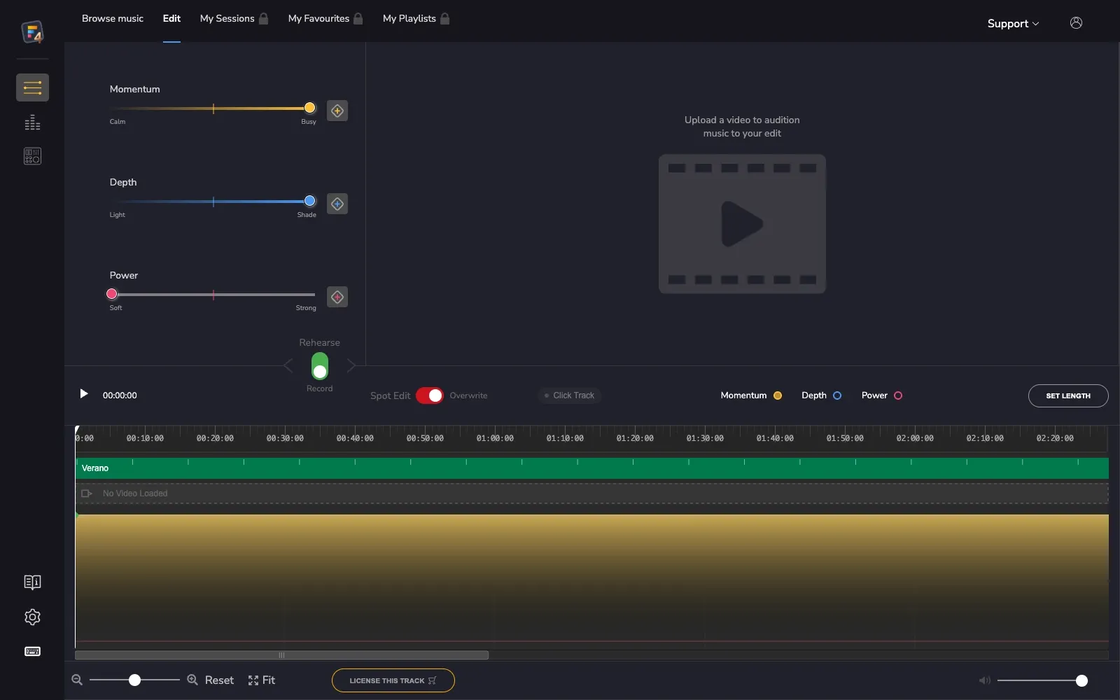 Filmstro browser editor showing Momentum, Depth and Power sliders alongside the music timeline.