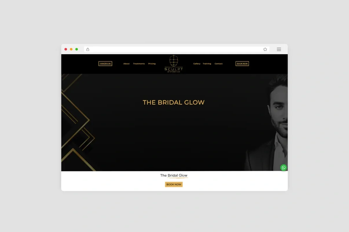 Sculpt Clinic’s Bridal Glow treatment page with its black and gold design and booking button.