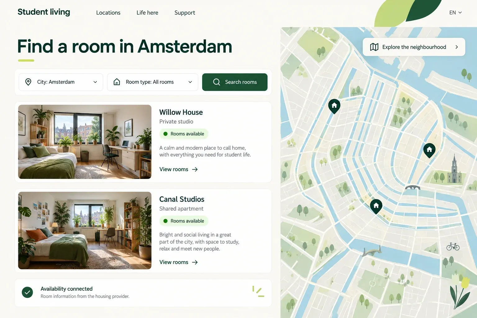 Anonymous room search concept with fictional residence cards, example availability labels and an illustrative neighbourhood map.