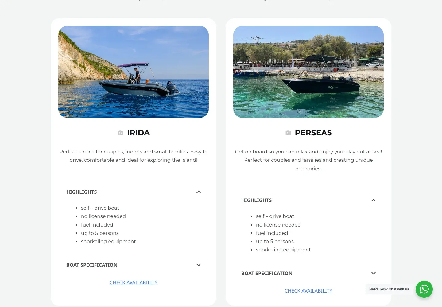 Blue Escape Trips boat page showing self-drive options, boat details and availability links.