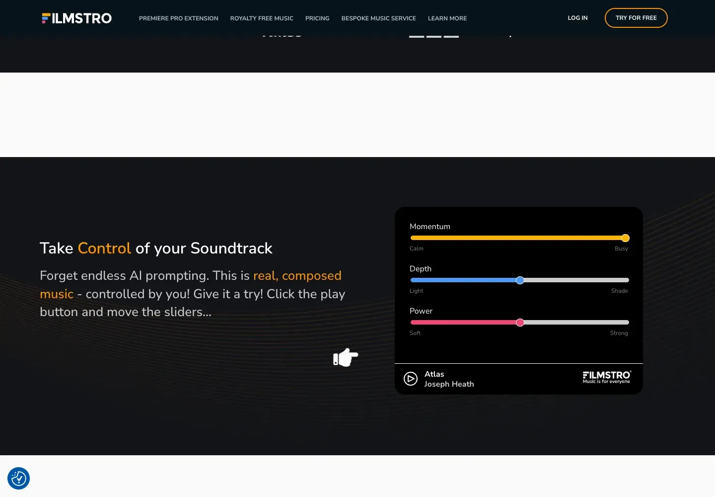 Filmstro’s homepage music widget with a track player and Momentum, Depth and Power controls.
