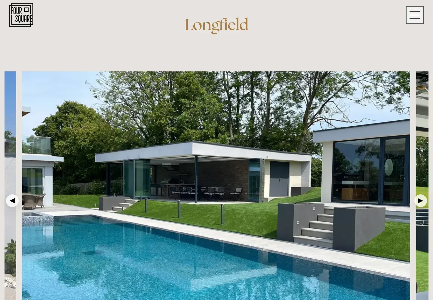 The Longfield project gallery on Four Square’s website, showing a contemporary home and outdoor pool.