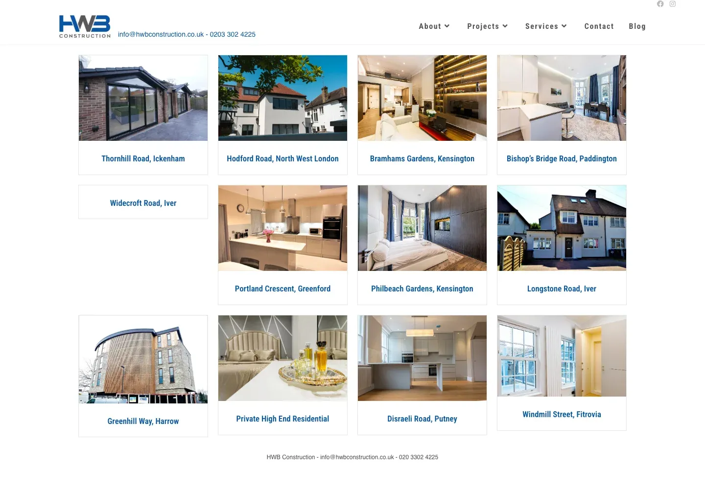 HWB Construction’s residential project portfolio showing photography of completed homes and interiors.
