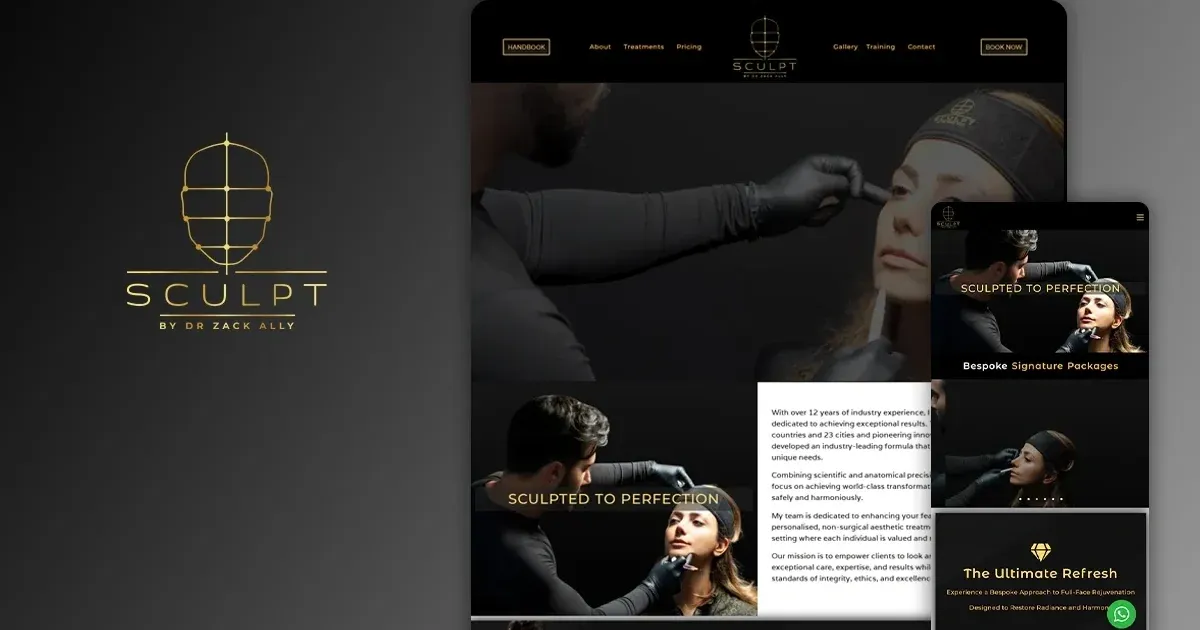 Sculpt Clinic’s website with desktop and mobile views of its homepage and treatment packages.