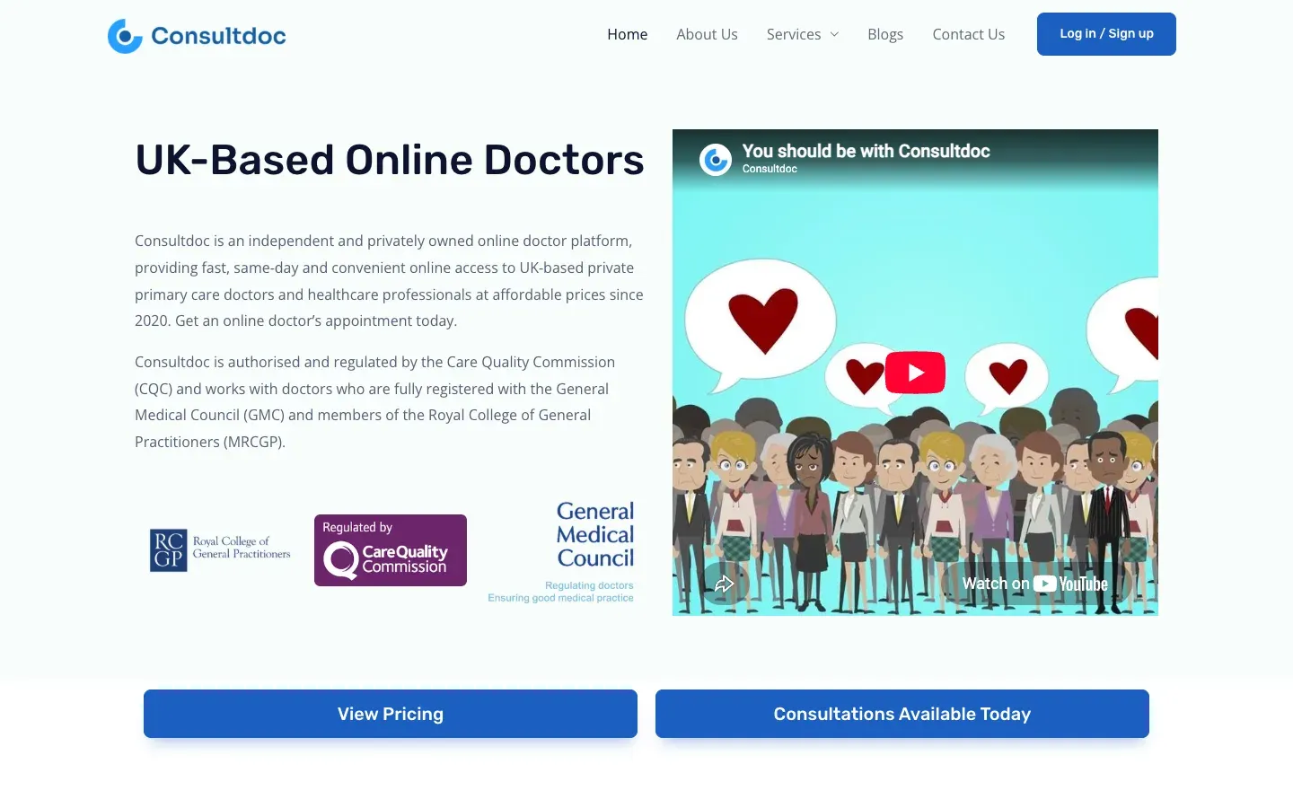 The live Consultdoc homepage with an introduction to the service and appointment links.