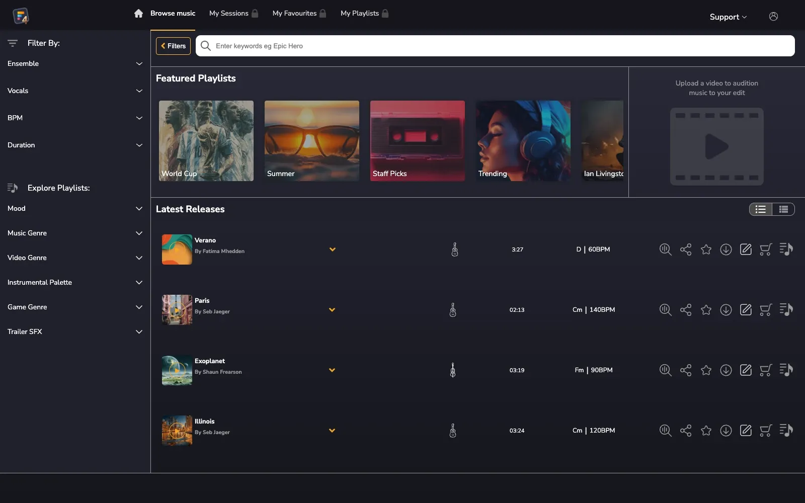 Filmstro’s live music library showing featured playlists, search filters and individual tracks.