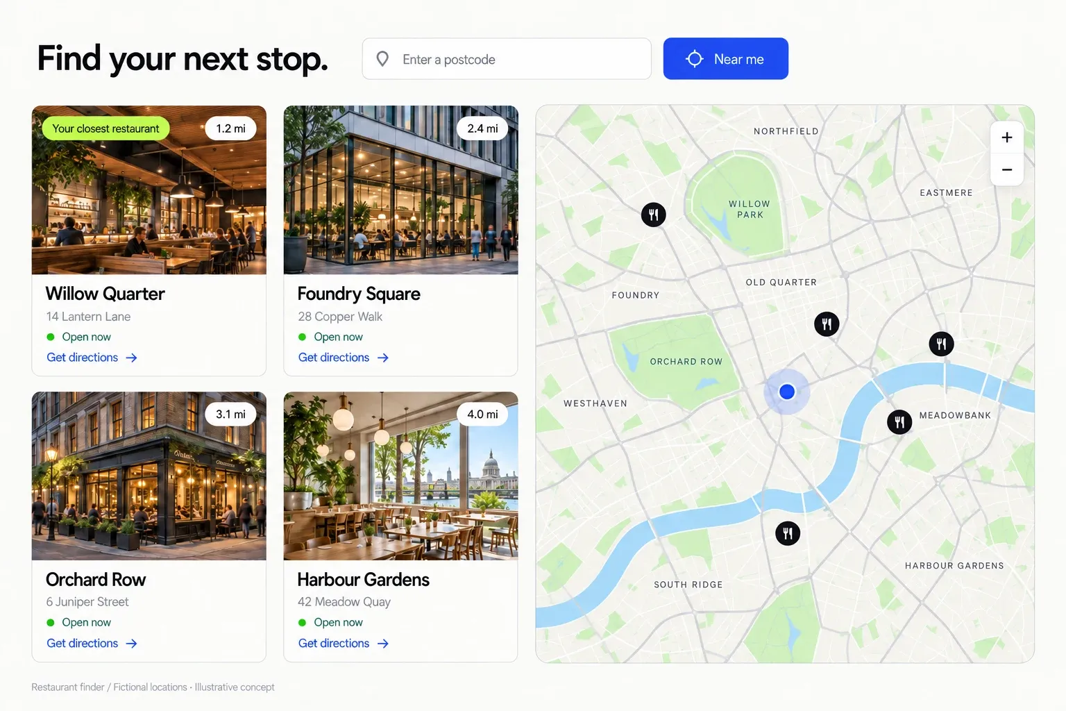 Original restaurant-finder illustration showing fictional restaurant cards, nearby locations, opening information and directions.