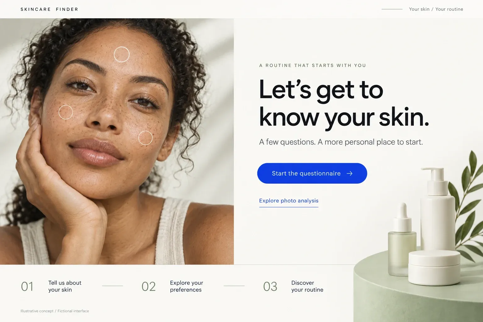 Illustrative skincare questionnaire interface with a natural portrait and a clear route to product discovery.