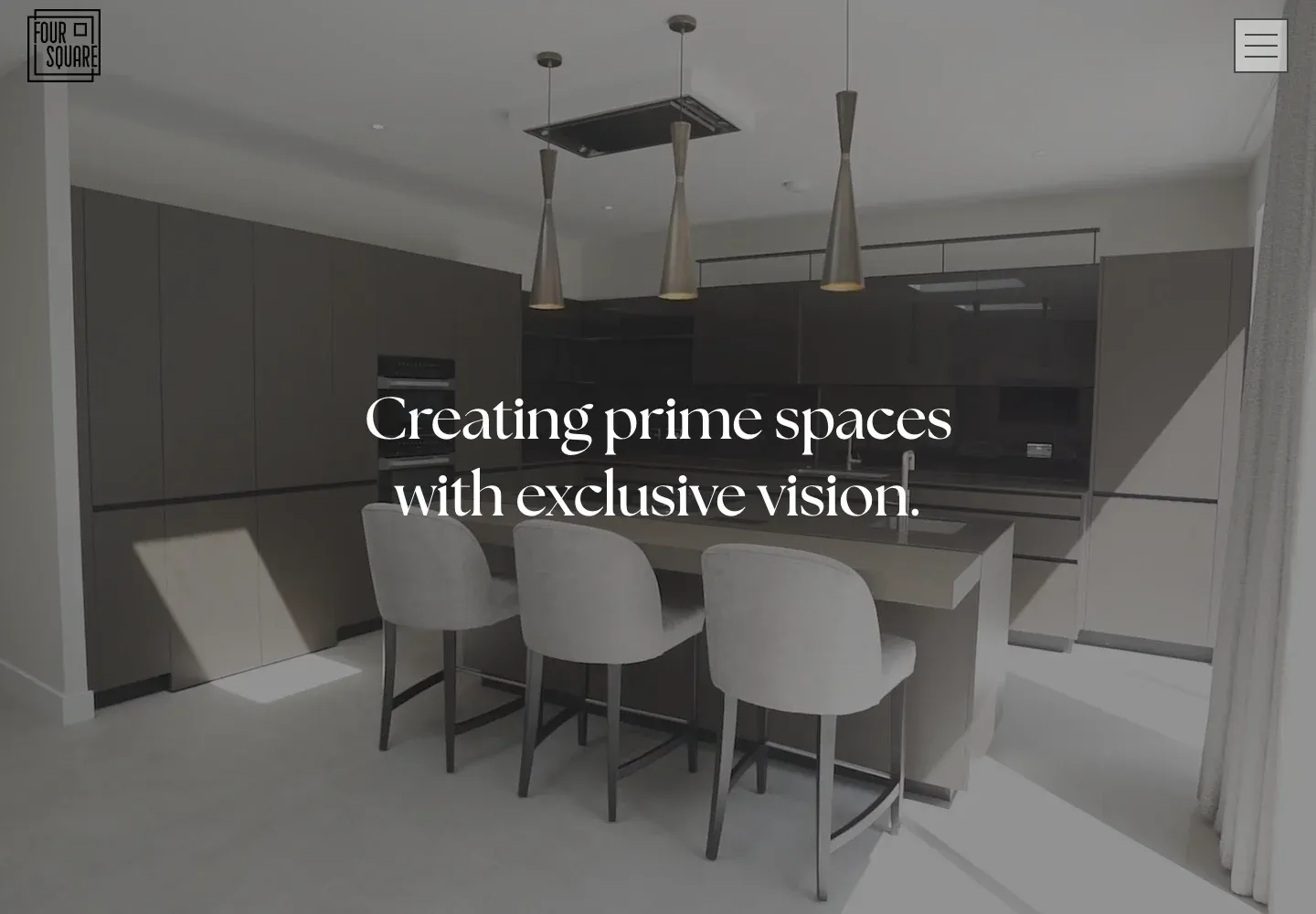 The live Four Square homepage showing interior photography and its menu.